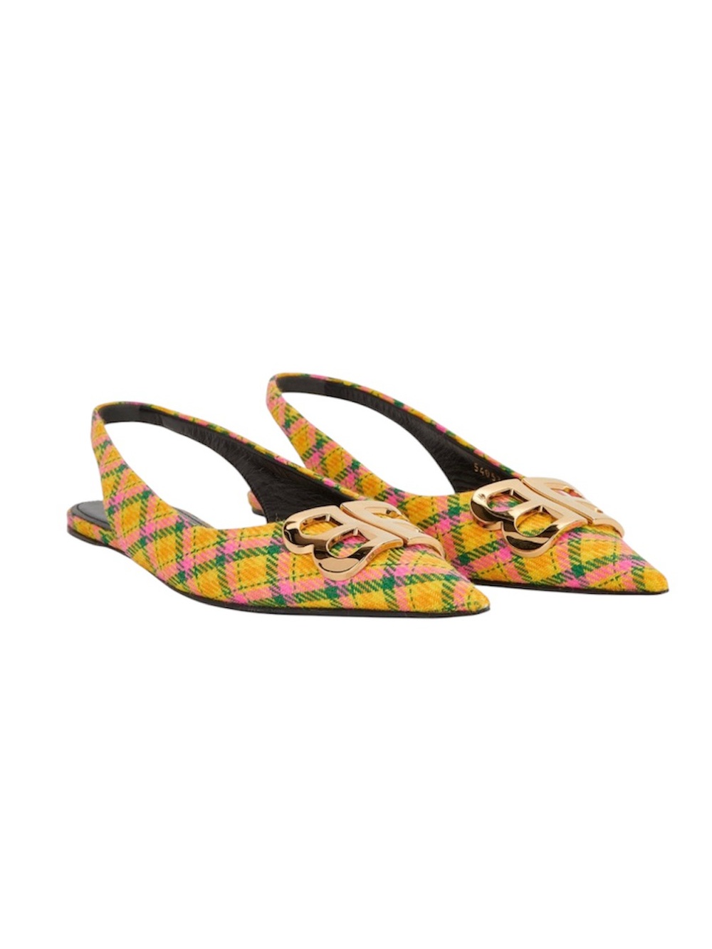 Balenciaga Yellow Pink Plaid Pointed Slingback Flats with Gold Logo